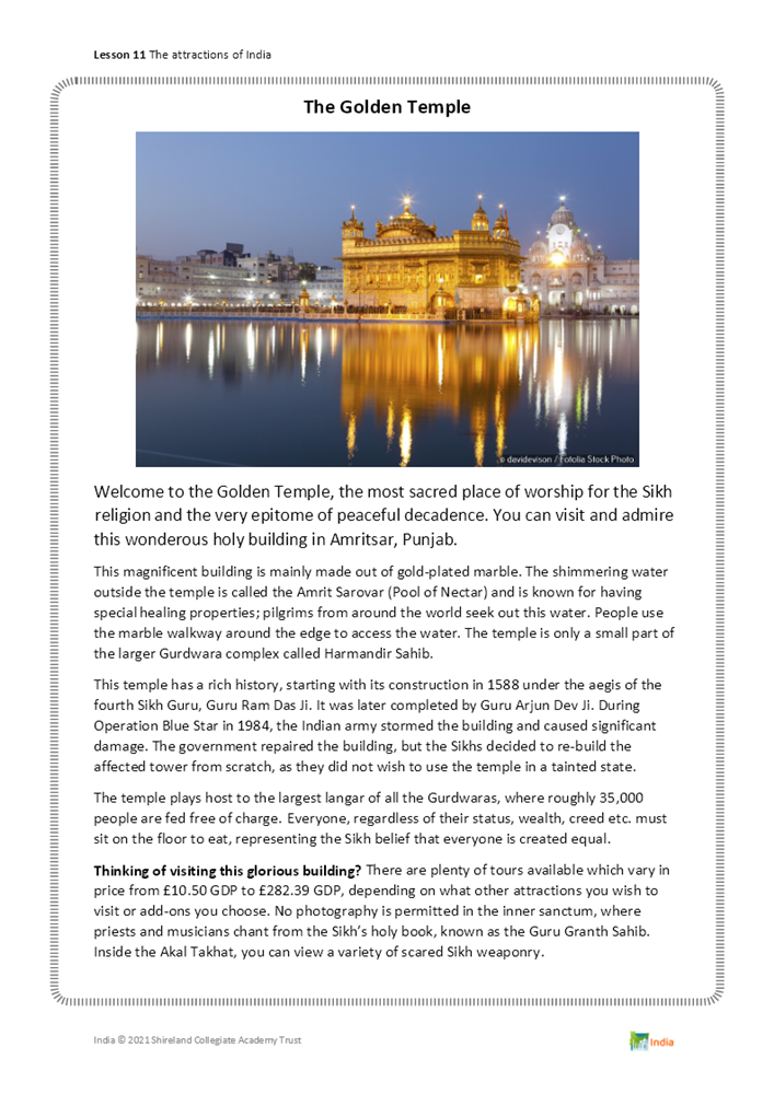 Lesson 11 The attractions of India: the Golden Temple fact file | eduu ...