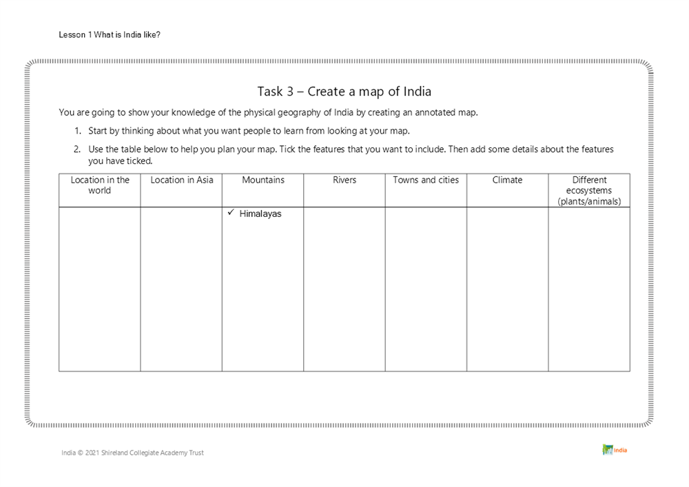 Lesson 1 What is India like? create a Map of India table template